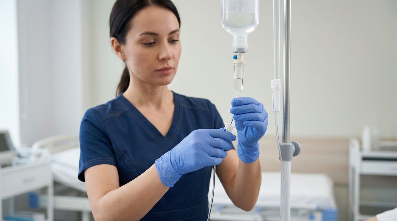 Капельницы с тиоктовой кислотой Медсестра в перчатках проверяет систему для капельницы